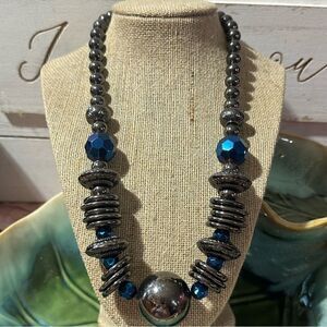 Chunky Blue & Silver Statement Necklace 18”